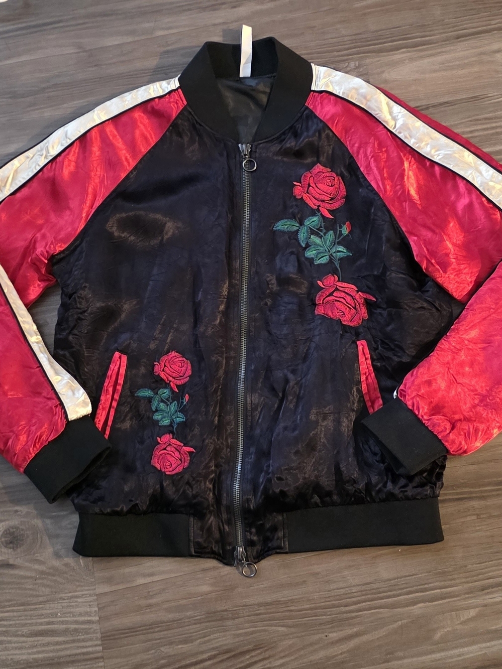 Zara Man Rose Embroidered Satin Bomber Jacket Black Red Sakujan Sz XL